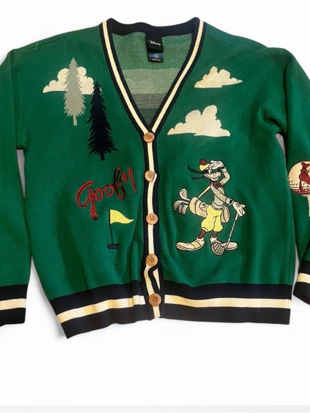 Disney Green Goofy Golf Knit Cardigan with Contrast Trim